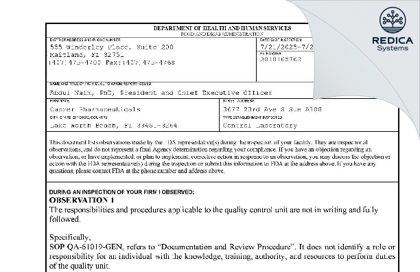 FDA 483 - Capzer Pharmaceuticals [Lake Worth Beach / United States of America] - Download PDF - Redica Systems