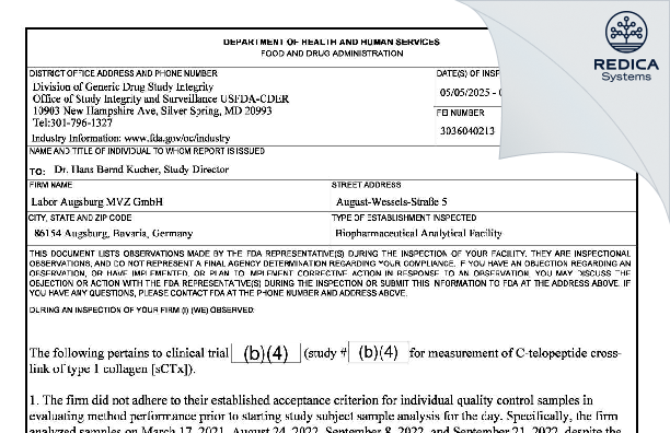 FDA 483 - Labor Augsburg MVZ GmbH [Augsburg / Germany] - Download PDF - Redica Systems