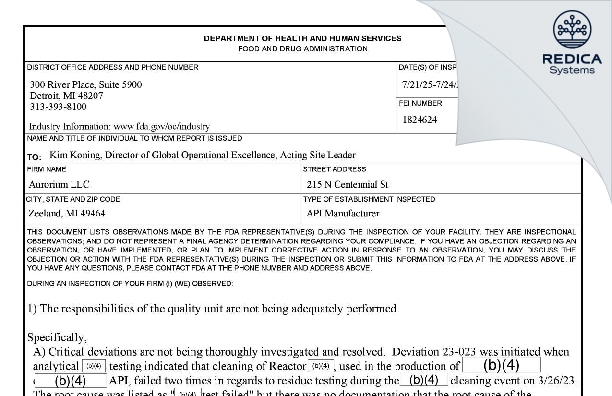 FDA 483 - Aurorium LLC [Zeeland / United States of America] - Download PDF - Redica Systems