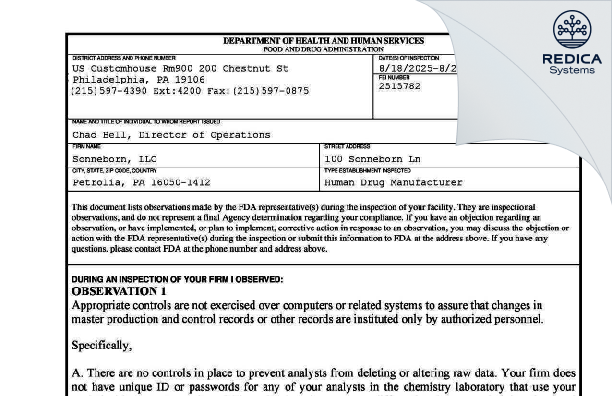 FDA 483 - Sonneborn, LLC [Petrolia / United States of America] - Download PDF - Redica Systems