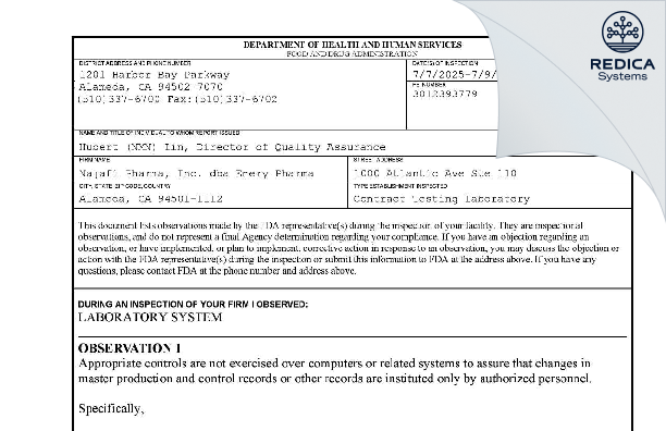 FDA 483 - EMERY PHARMA [Alameda / United States of America] - Download PDF - Redica Systems