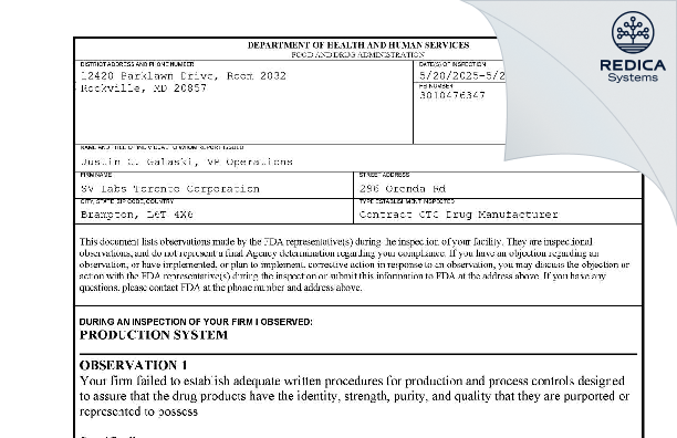 FDA 483 - SIGAN INDUSTRIES INC [Brampton / Canada] - Download PDF - Redica Systems