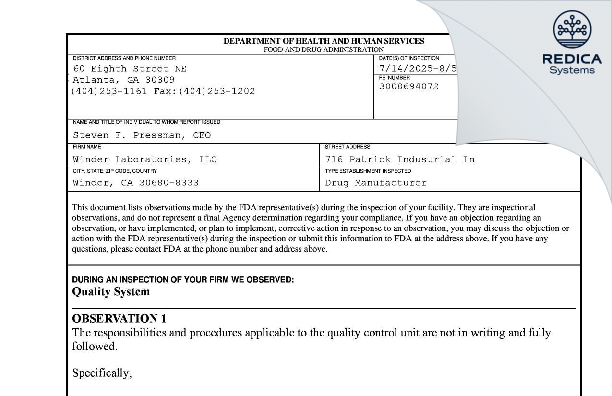 FDA 483 - WINDER LABORATORIES, LLC [Winder / United States of America] - Download PDF - Redica Systems