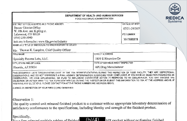 FDA 483 - Specialty Process Labs [Phoenix / United States of America] - Download PDF - Redica Systems