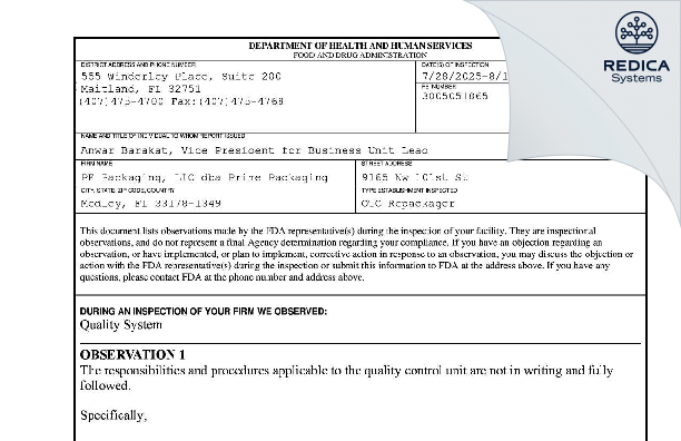 FDA 483 - Prime Packaging [Medley / United States of America] - Download PDF - Redica Systems