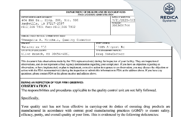 FDA 483 - Natureplex, LLC [Olive Branch / United States of America] - Download PDF - Redica Systems