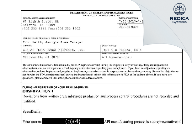 FDA 483 - CIMBAR PERFORMANCE MINERALS, INC. [Chatsworth / United States of America] - Download PDF - Redica Systems