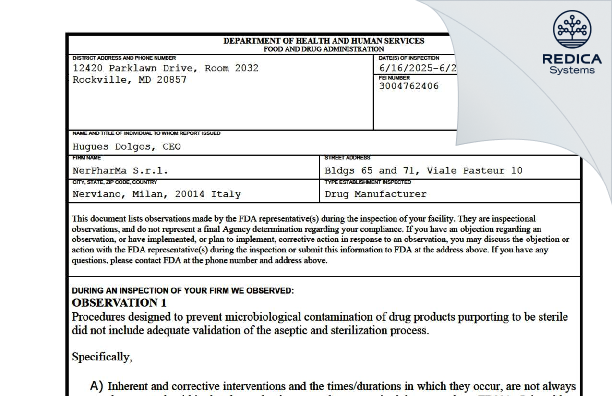 FDA 483 - NerPharMa S.r.l. [Nerviano / Italy] - Download PDF - Redica Systems