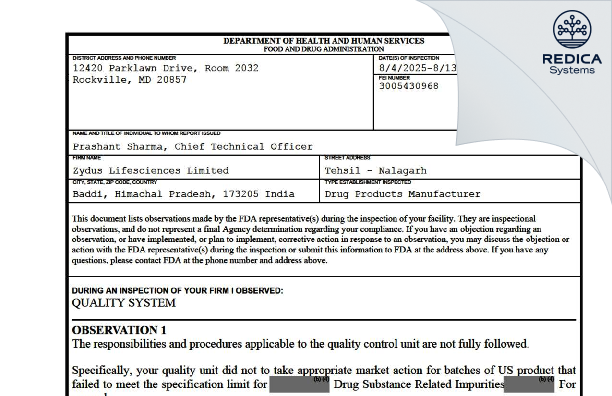 FDA 483 - Zydus Lifesciences Limited [Nalagarh / India] - Download PDF - Redica Systems