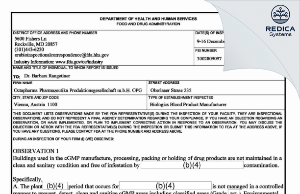 FDA 483 - Octapharma Pharmazeutika Produktionsgesellschaft m.b.H. [Wien / Austria] - Download PDF - Redica Systems
