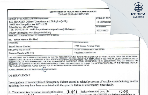 FDA 483 - Sanofi Pasteur Limited [Thornhill / Canada] - Download PDF - Redica Systems