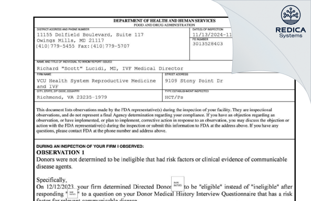 FDA 483 - VCU Health System Reproductive Medicine and IVF [Richmond / United States of America] - Download PDF - Redica Systems