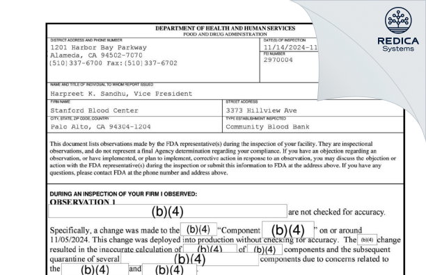 FDA 483 - Stanford Blood Center [Palo Alto / United States of America] - Download PDF - Redica Systems