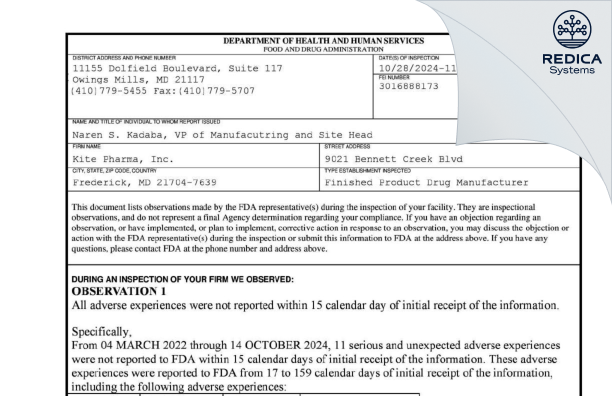 FDA 483 - Kite Pharma, Inc. [Frederick / United States of America] - Download PDF - Redica Systems