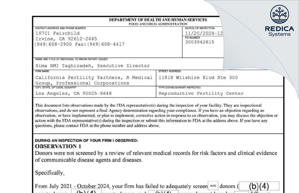 FDA 483 - California Fertility Partners [Los Angeles / United States of America] - Download PDF - Redica Systems