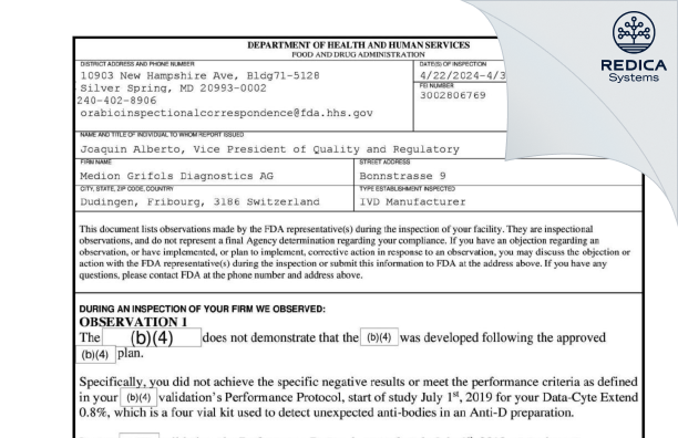 FDA 483 - Medion Grifols Diagnostics AG [Düdingen / Switzerland] - Download PDF - Redica Systems