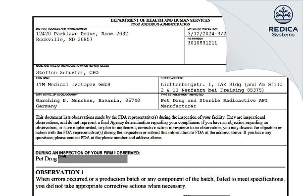 FDA 483 - ITM Medical Isotopes GmbH [Neufahrn Bei Freising / Germany] - Download PDF - Redica Systems