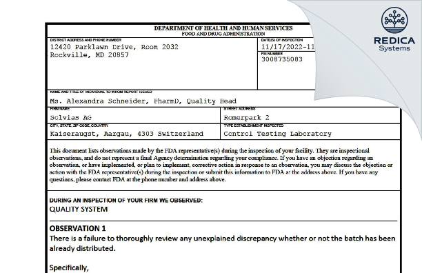 FDA 483 - Solvias AG [Kaiseraugst / Switzerland] - Download PDF - Redica Systems