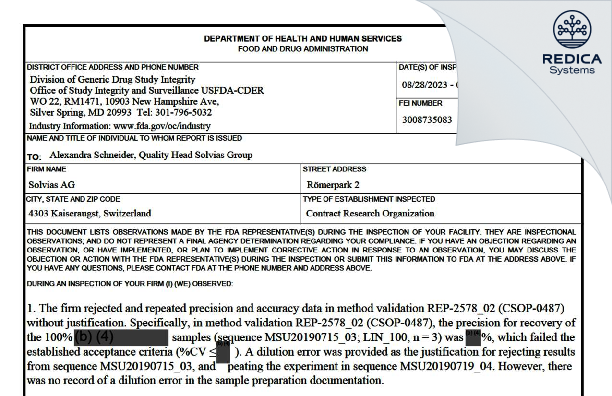 FDA 483 - Solvias AG [Kaiseraugst / Switzerland] - Download PDF - Redica Systems