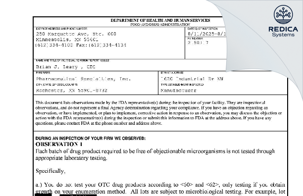 FDA 483 - Pharmaceutical Specialties, Inc. [Rochester / United States of America] - Download PDF - Redica Systems