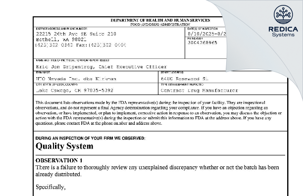 FDA 483 - HTO Nevada, Inc. (dba Kirkman) [Lake Oswego / United States of America] - Download PDF - Redica Systems