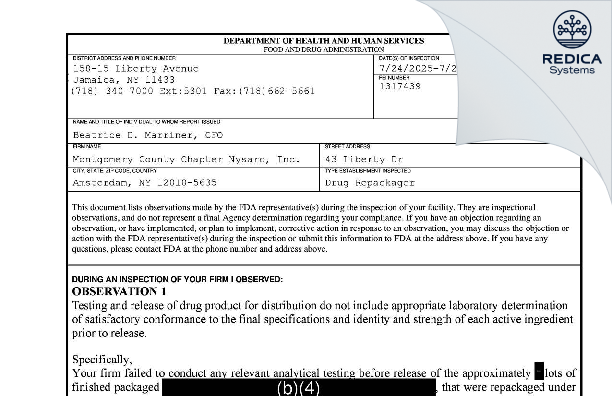 FDA 483 - Montgomery County Chapter Nysarc, Inc dba Liberty Enterprises [Amsterdam / United States of America] - Download PDF - Redica Systems