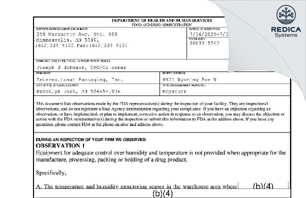 FDA 483 - International Packaging Inc. [Minneapolis / United States of America] - Download PDF - Redica Systems