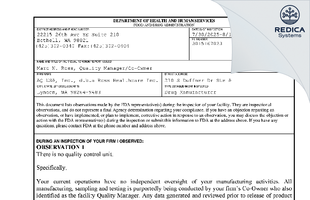 FDA 483 - AQ USA, INC. [Lynden / United States of America] - Download PDF - Redica Systems