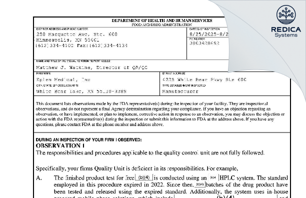 FDA 483 - EPIEN Medical, Inc. [Saint Paul / United States of America] - Download PDF - Redica Systems