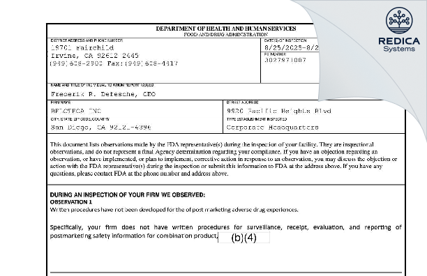 FDA 483 - BELOTECA INC

 [San Diego / United States of America] - Download PDF - Redica Systems