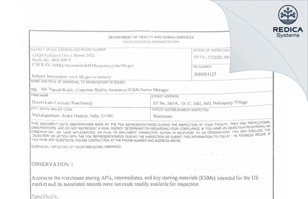FDA 483 - Hetero Labs Limited (Warehouse) [Nakkapalle / India] - Download PDF - Redica Systems