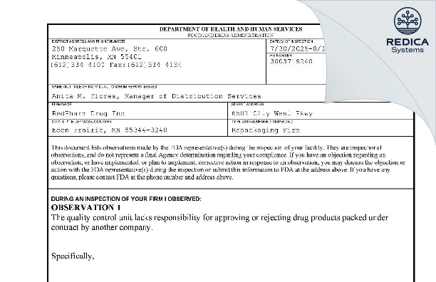 FDA 483 - RedPharm Drug [Eden Prairie / United States of America] - Download PDF - Redica Systems