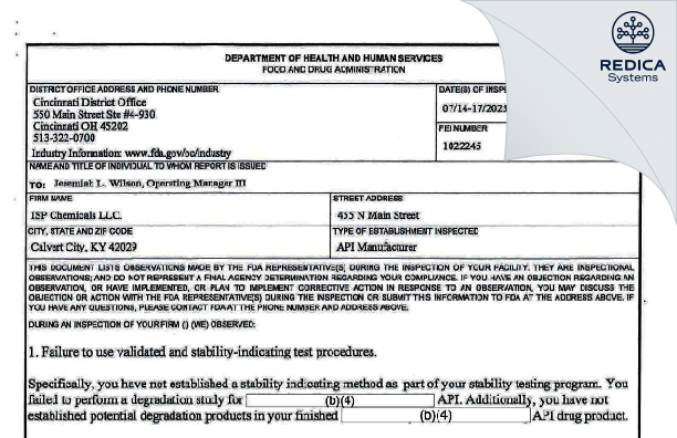 FDA 483 - ISP Chemicals LLC [Calvert City / United States of America] - Download PDF - Redica Systems