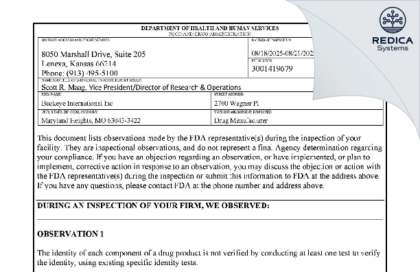 FDA 483 - Buckeye International, Inc. [Maryland Heights / United States of America] - Download PDF - Redica Systems