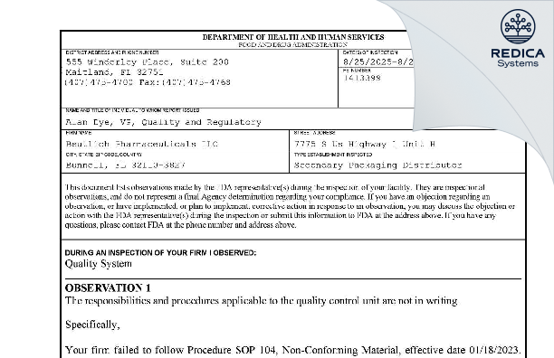 FDA 483 - Beutlich Pharmaceuticals, LLC [Bunnell / United States of America] - Download PDF - Redica Systems