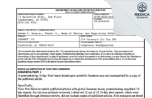 FDA 483 - GUERBET LLC [Princeton / United States of America] - Download PDF - Redica Systems