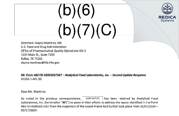 FDA 483 Response - Analytical Food Laboratories [Grand Prairie / United States of America] - Download PDF - Redica Systems
