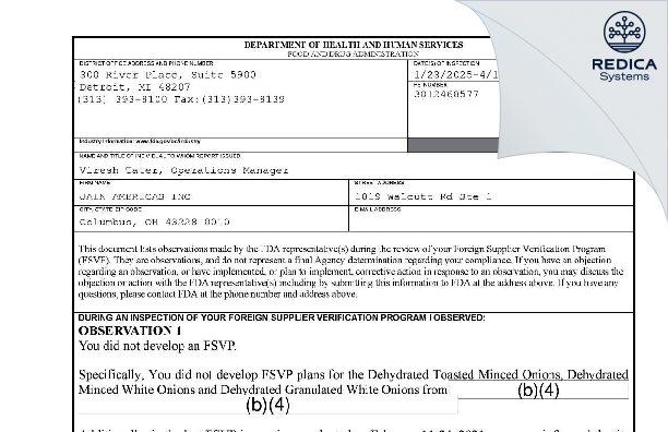 FDA 483 - JAIN AMERICAS INC [Columbus / United States of America] - Download PDF - Redica Systems