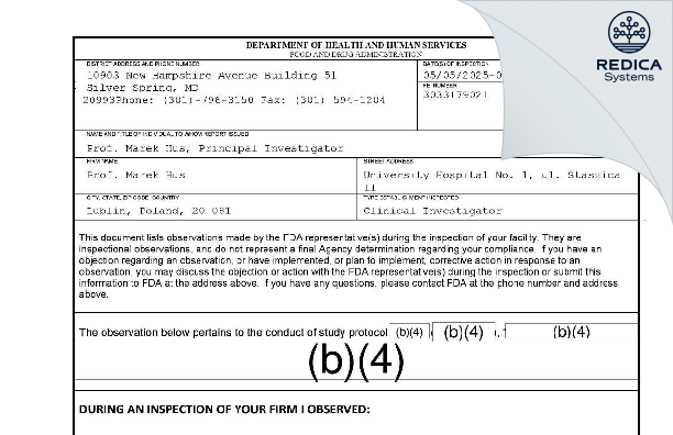 FDA 483 - Prof. Marek Hus [Lublin / Poland] - Download PDF - Redica Systems