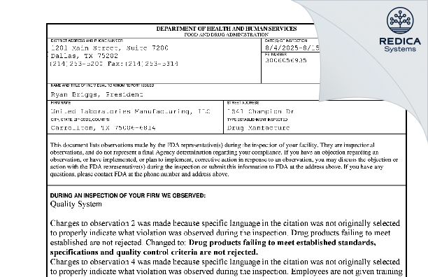 FDA 483 - United Laboratories Manufacturing, LLC [Carrollton / United States of America] - Download PDF - Redica Systems