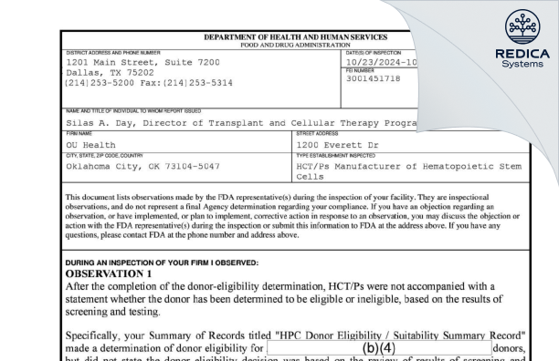 FDA 483 - OU Medicine Inc [Oklahoma City / United States of America] - Download PDF - Redica Systems
