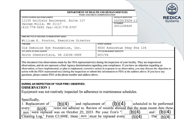 FDA 483 - Old Dominion Eye Foundation, Inc. [North Chesterfield / United States of America] - Download PDF - Redica Systems