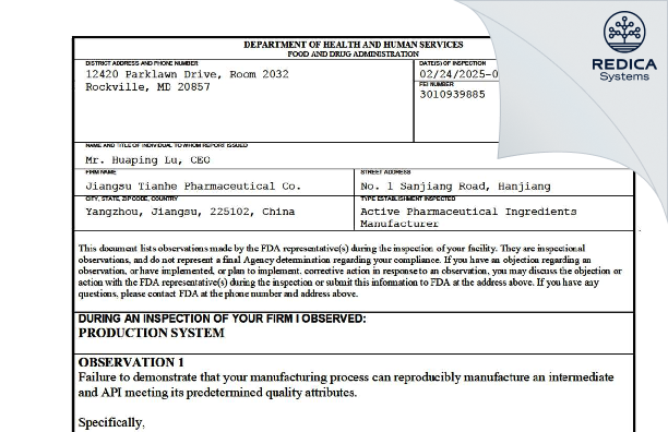 FDA 483 - JIANGSU TIANHE PHARMACEUTICAL CO., LTD. [Yanjiang / China] - Download PDF - Redica Systems