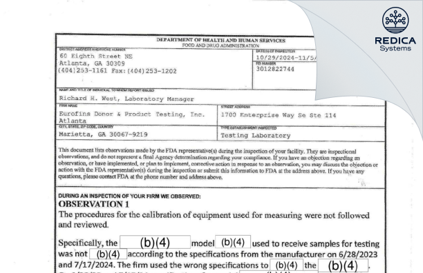 FDA 483 - Eurofins Donor & Product Testing, Inc. Atlanta [Marietta / United States of America] - Download PDF - Redica Systems