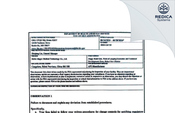 FDA 483 - Hebei Jingye Medical Technology Corp.,LTD. [Cangzhou / China] - Download PDF - Redica Systems