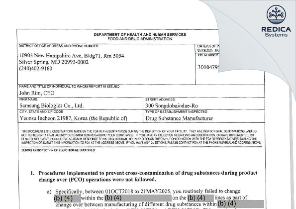 FDA 483 - Samsung Biologics Co., Ltd. [Incheon / Korea (Republic of)] - Download PDF - Redica Systems