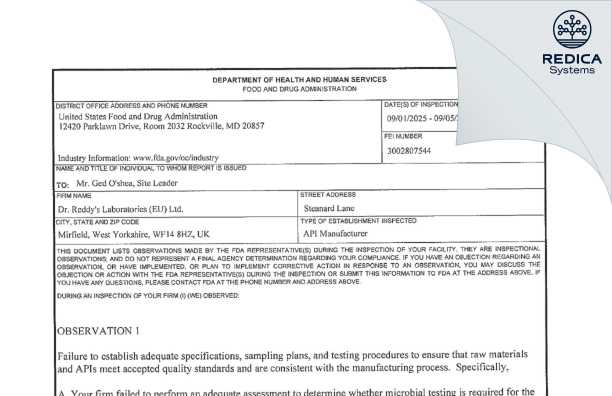 FDA 483 - Dr. Reddy's Laboratories (EU) Ltd. [Mirfield / United Kingdom of Great Britain and Northern Ireland] - Download PDF - Redica Systems