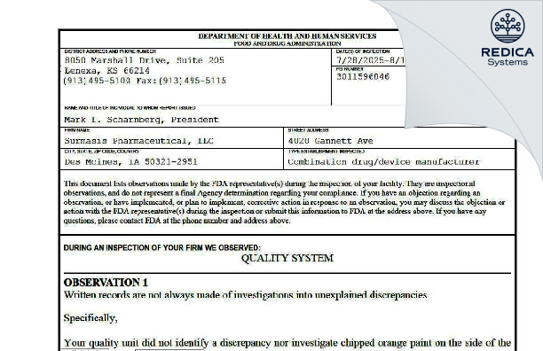 FDA 483 - Surmasis Pharmaceutical, LLC [Des Moines / United States of America] - Download PDF - Redica Systems