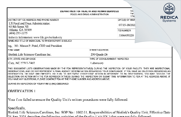 FDA 483 - Biolink Life Sciences Carolinas Inc. [Cary / United States of America] - Download PDF - Redica Systems