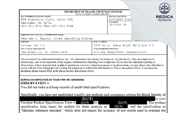 FDA 483 - Golden Lab LLC [Jacksonville / United States of America] - Download PDF - Redica Systems